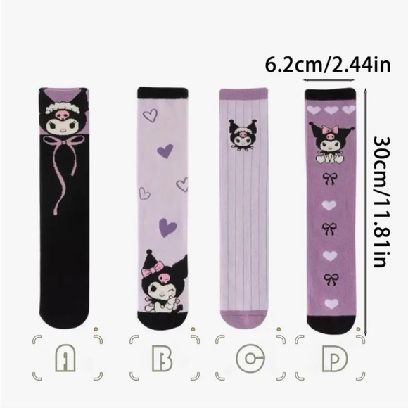 Sanrio Kuromi Character Knee Length Socks For Teens Or Adults 4 Pair - Picture 3 of 6
